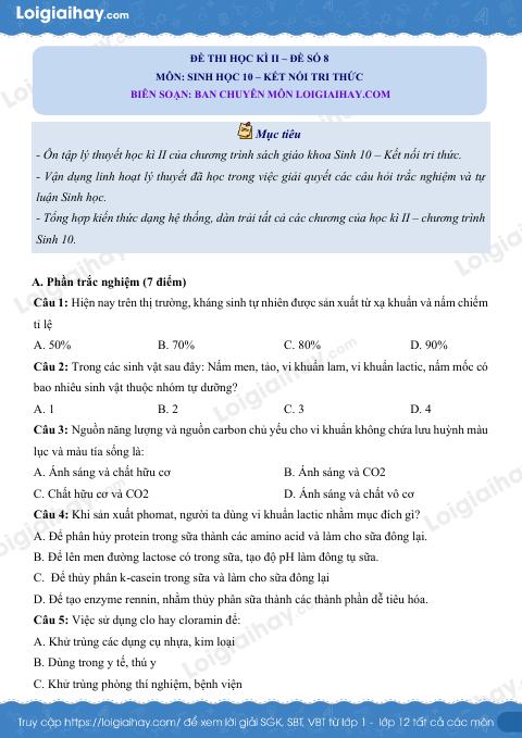 Đề thi học kì 2 Sinh 10 Kết nối tri thức - Đề số 8
